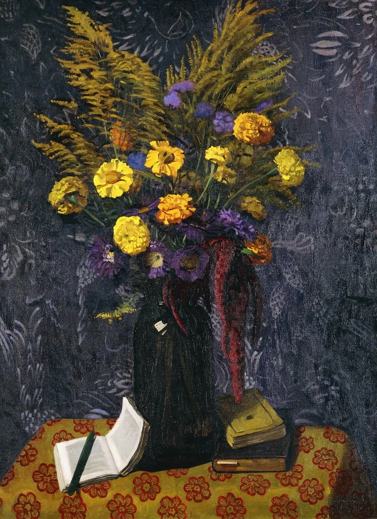 Garofani dell'India, margherite viola e gerbs dorati, 1925